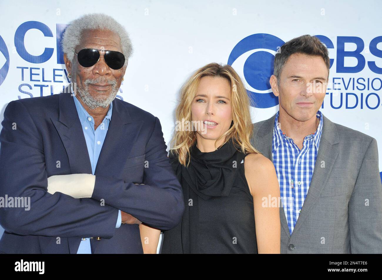 Freeman, from left, Tea Leoni, and Tim Daly arrive at CBS