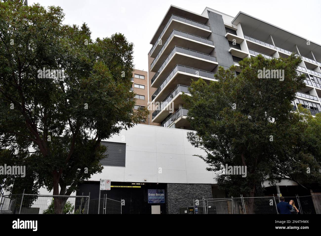 General view of the uninhabitable highrise apartment block, Mascot