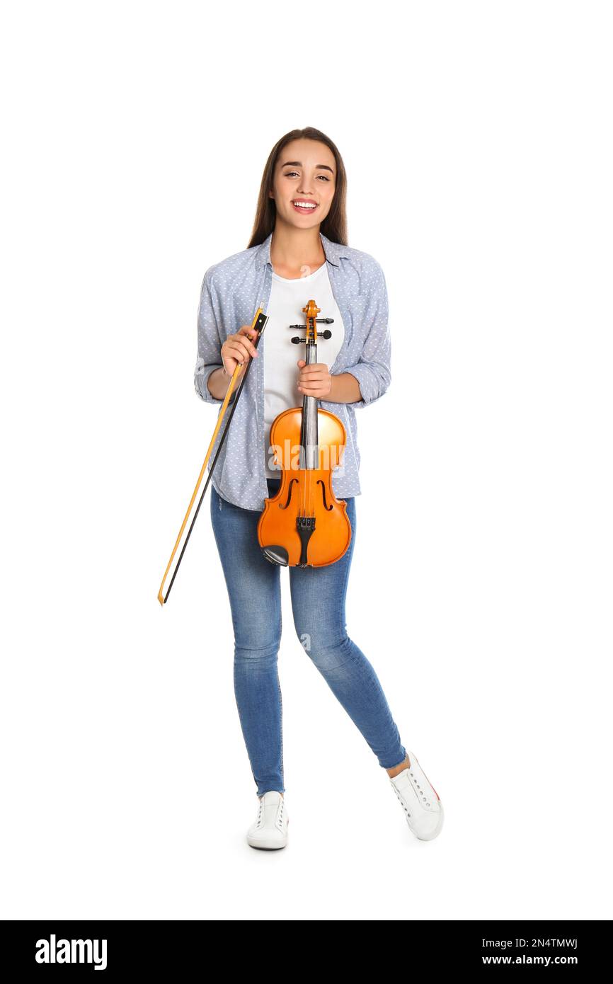 Beautiful woman with violin on white background Stock Photo - Alamy