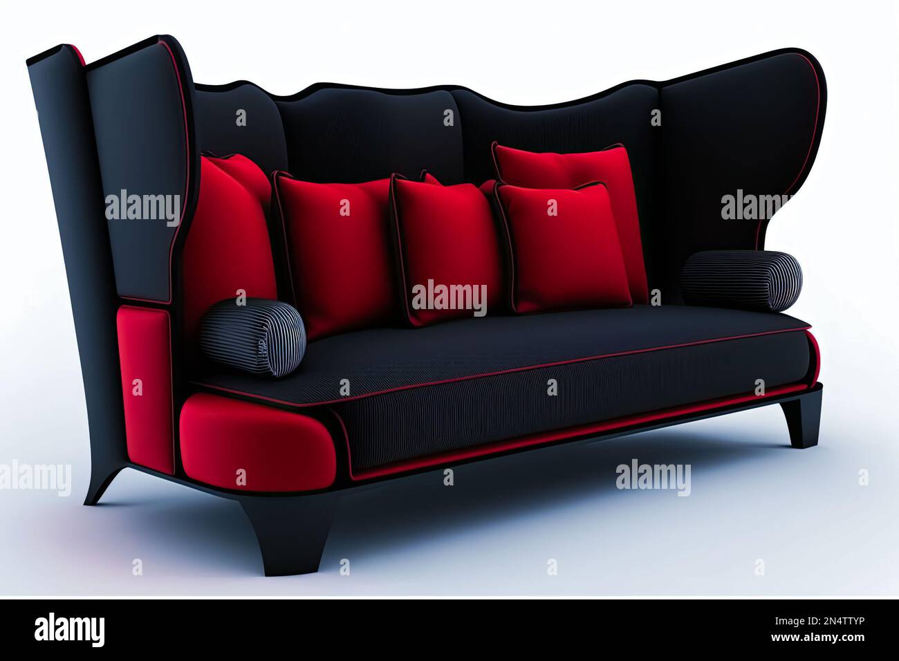 black modern sofa with red pillows on a white background Stock Photo
