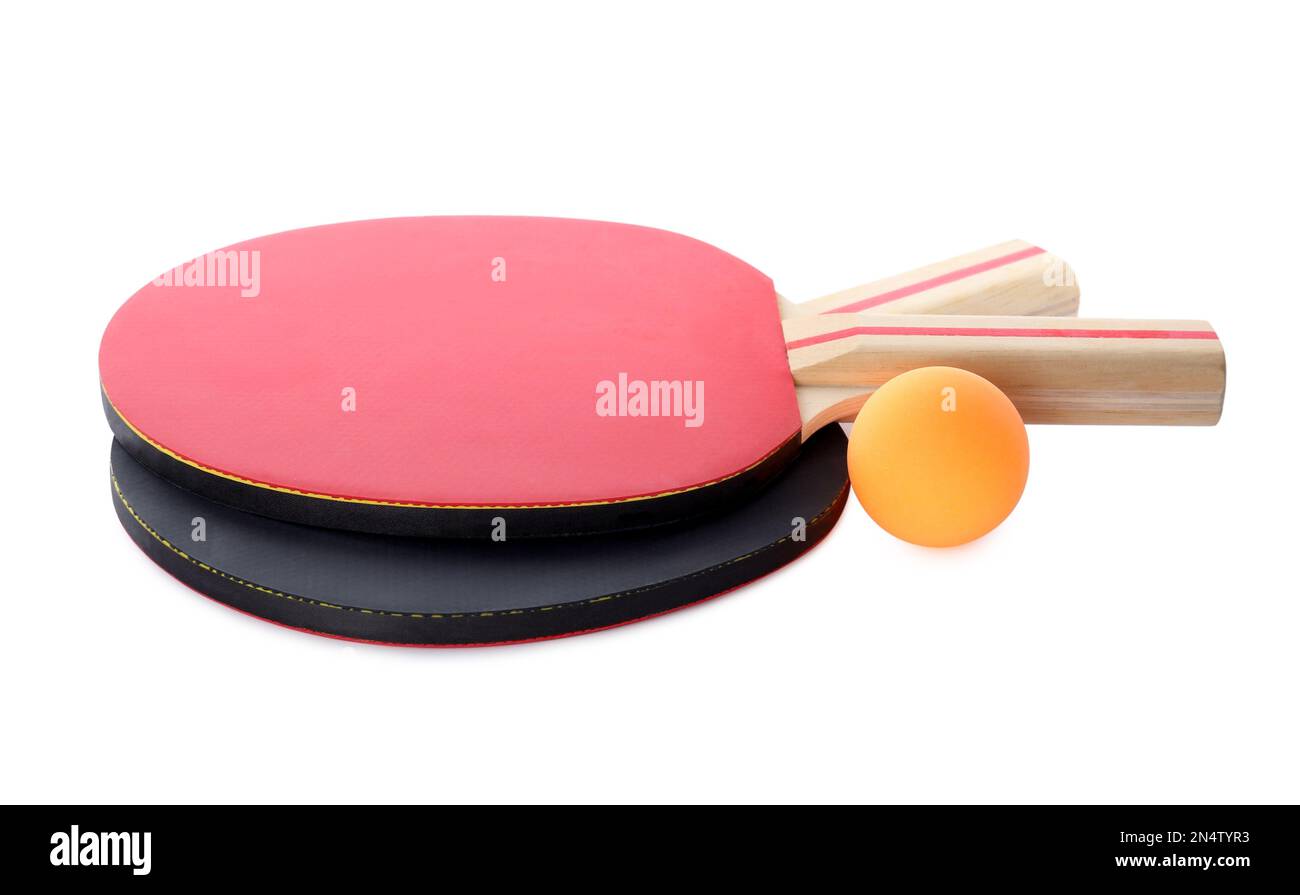 Orange plastic ball and rackets for table tennis on white background ...