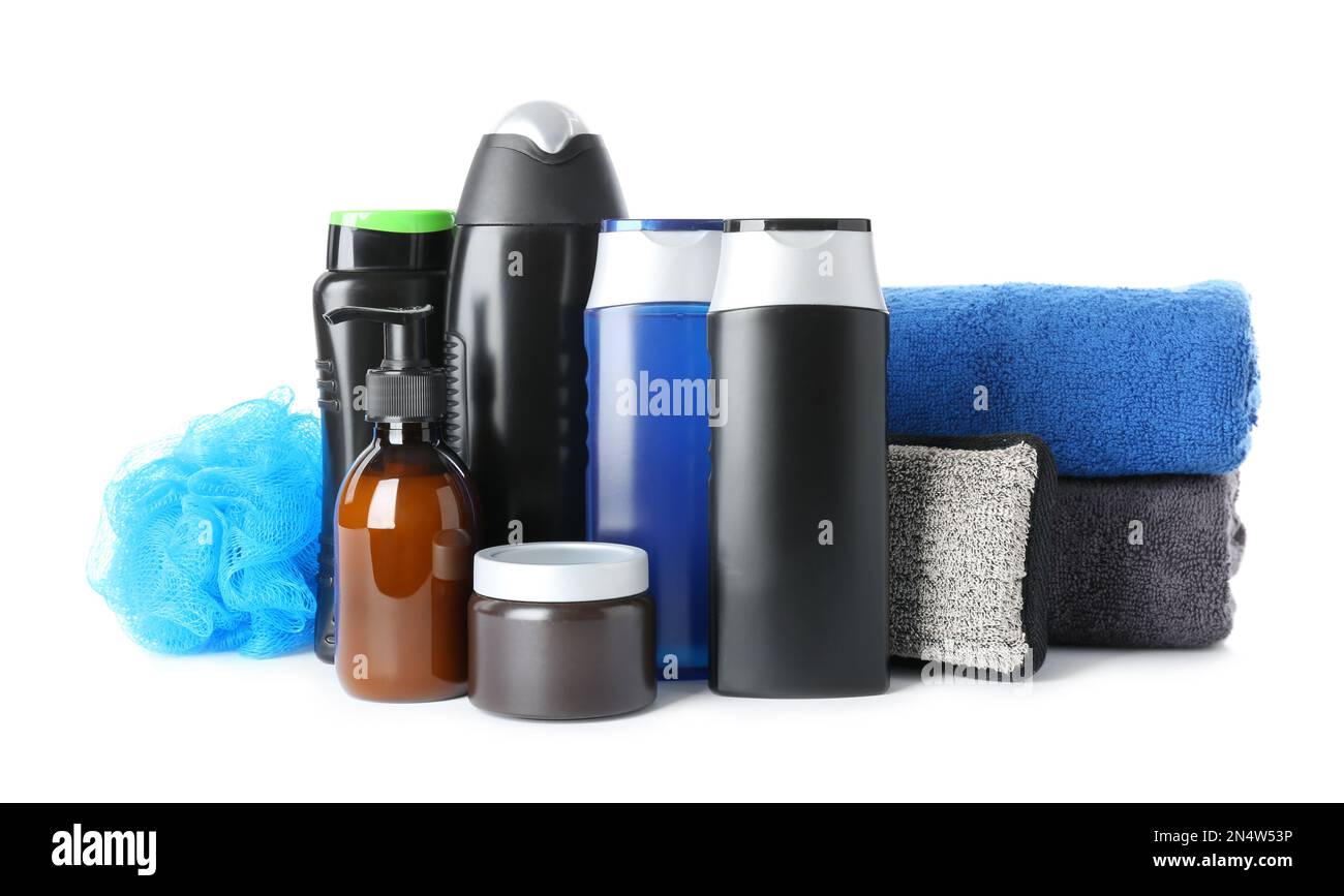 Set with men's personal hygiene products on white background Stock
