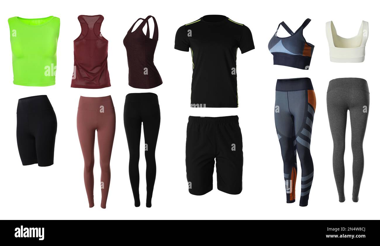 Collection of stylish sportswear on white background. Banner design