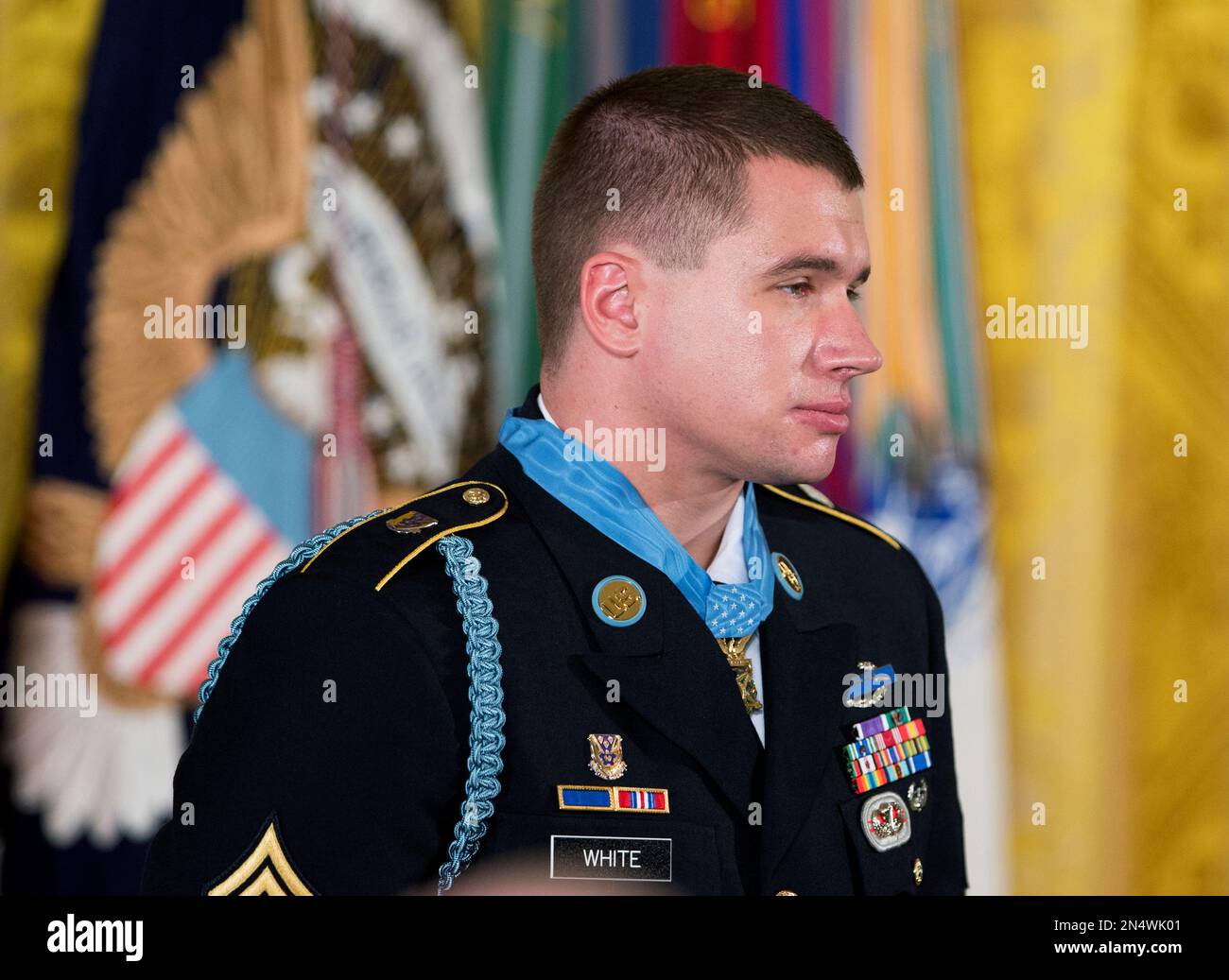 Former Army Sgt. Kyle J. White wears his Medal of Honor, awarded to him