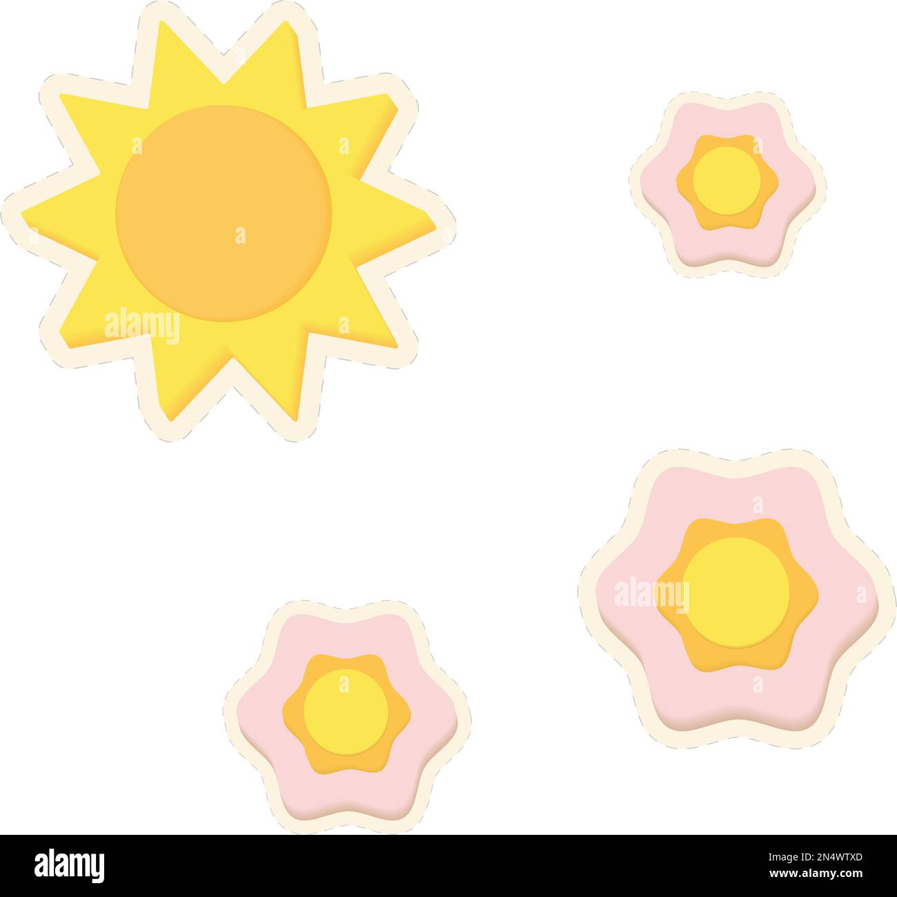 Set of 3D stickers from the sun and different sizes of flowers in trendy pale shades. Sticker. Icon. Isolate. Suitable for banner, label, wallpaper, poster, cards. Copyspase. Design for lettering. EPS Stock Vector