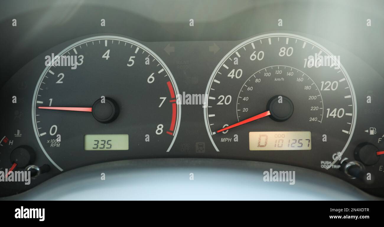 Car speedometer in sunlight with gas showing Stock Photo Alamy