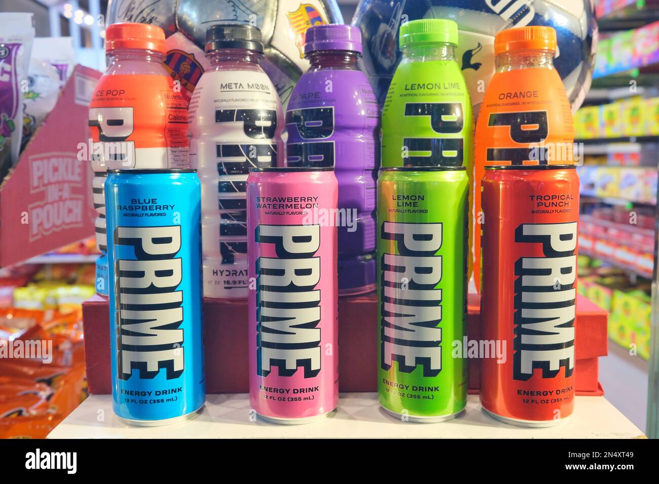 London, UK. A selection of flavours in the Prime Hydration energy drinks range in a shop display. Stock Photo