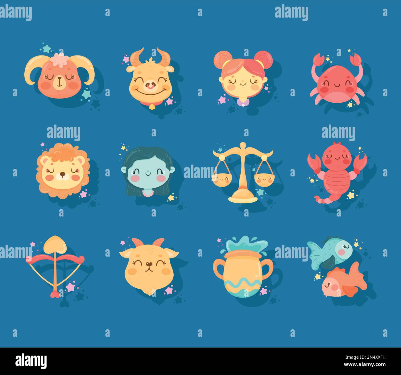 twelve zodiac signs cute icons Stock Vector