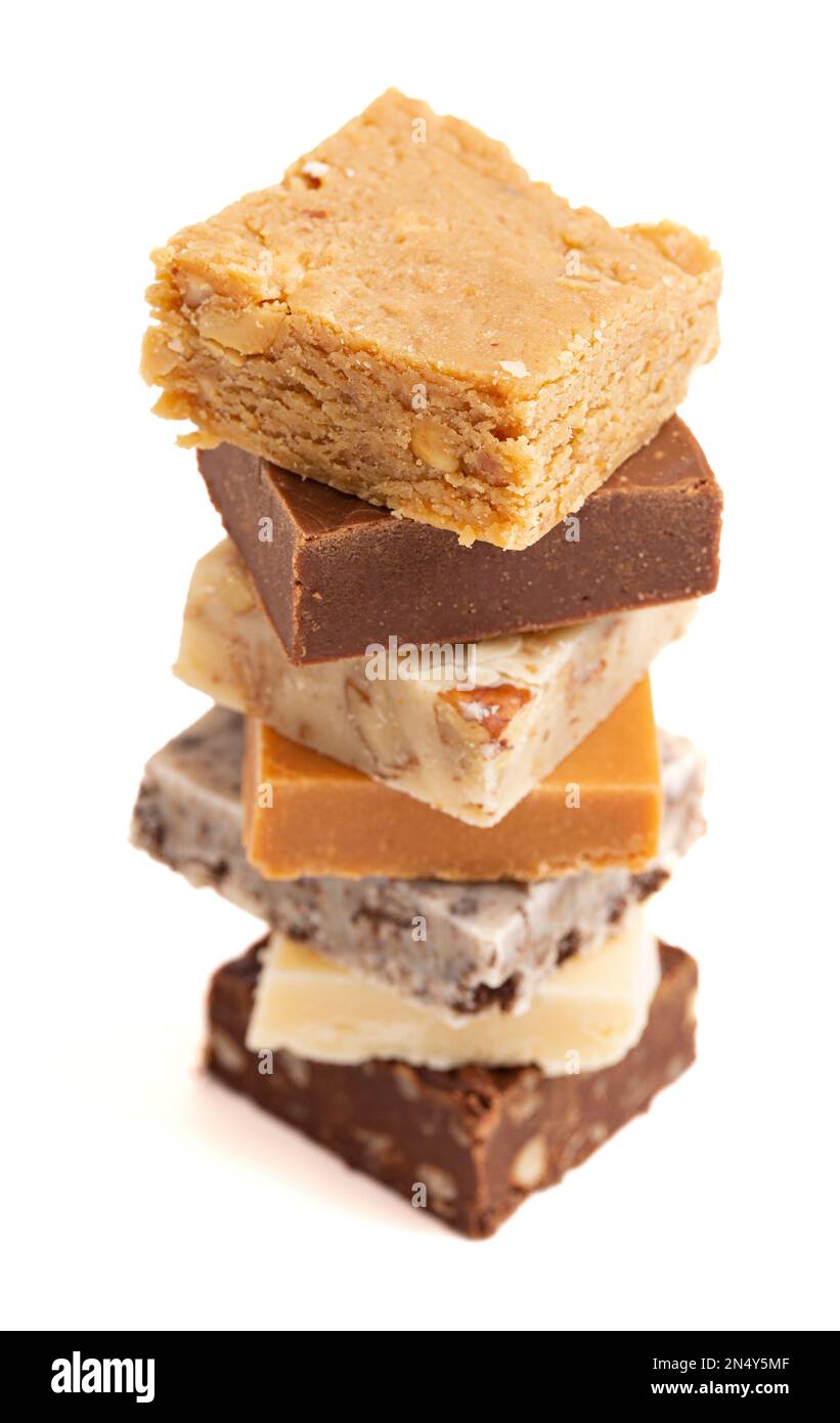 A Stack of Six Different Types of Fudge Isolated on a White Background