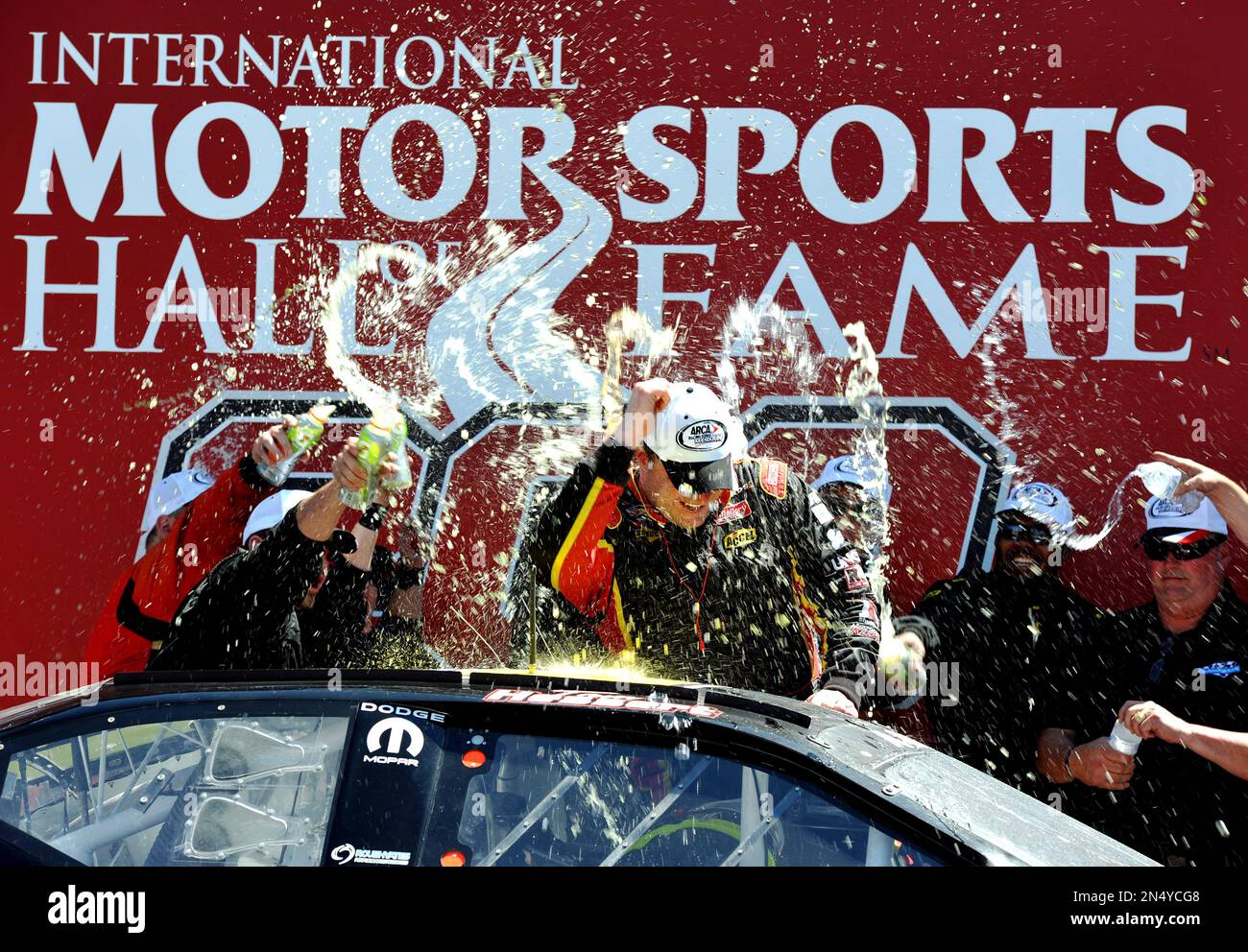 Driver Tom Hessert celebrates in Victory Lane after winning the ARCA