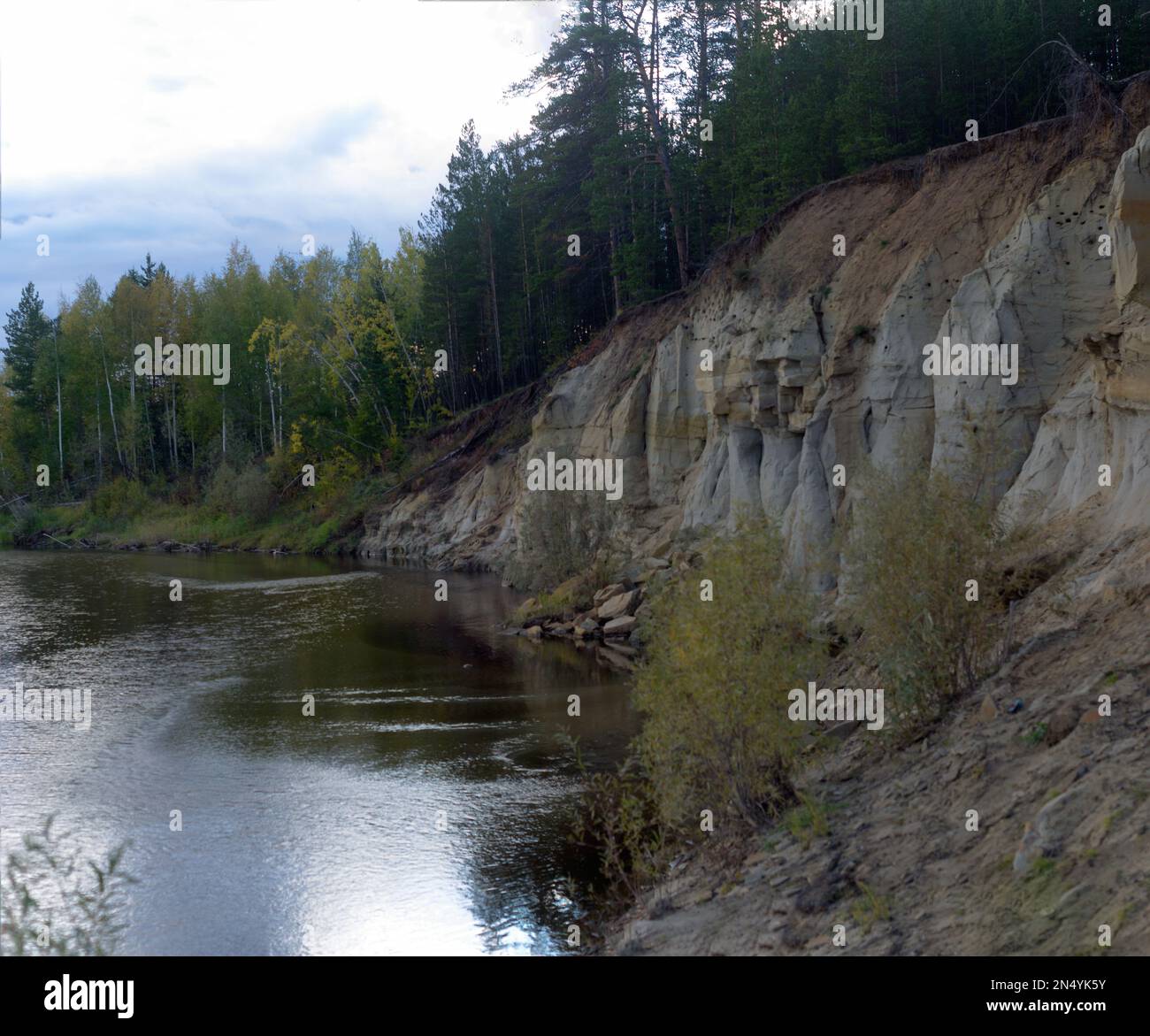 The cliff in the woods North of the river in Yakutia, Kempendyay with spruce forest and clay erosion forms in the autumn in the forest. Stock Photo