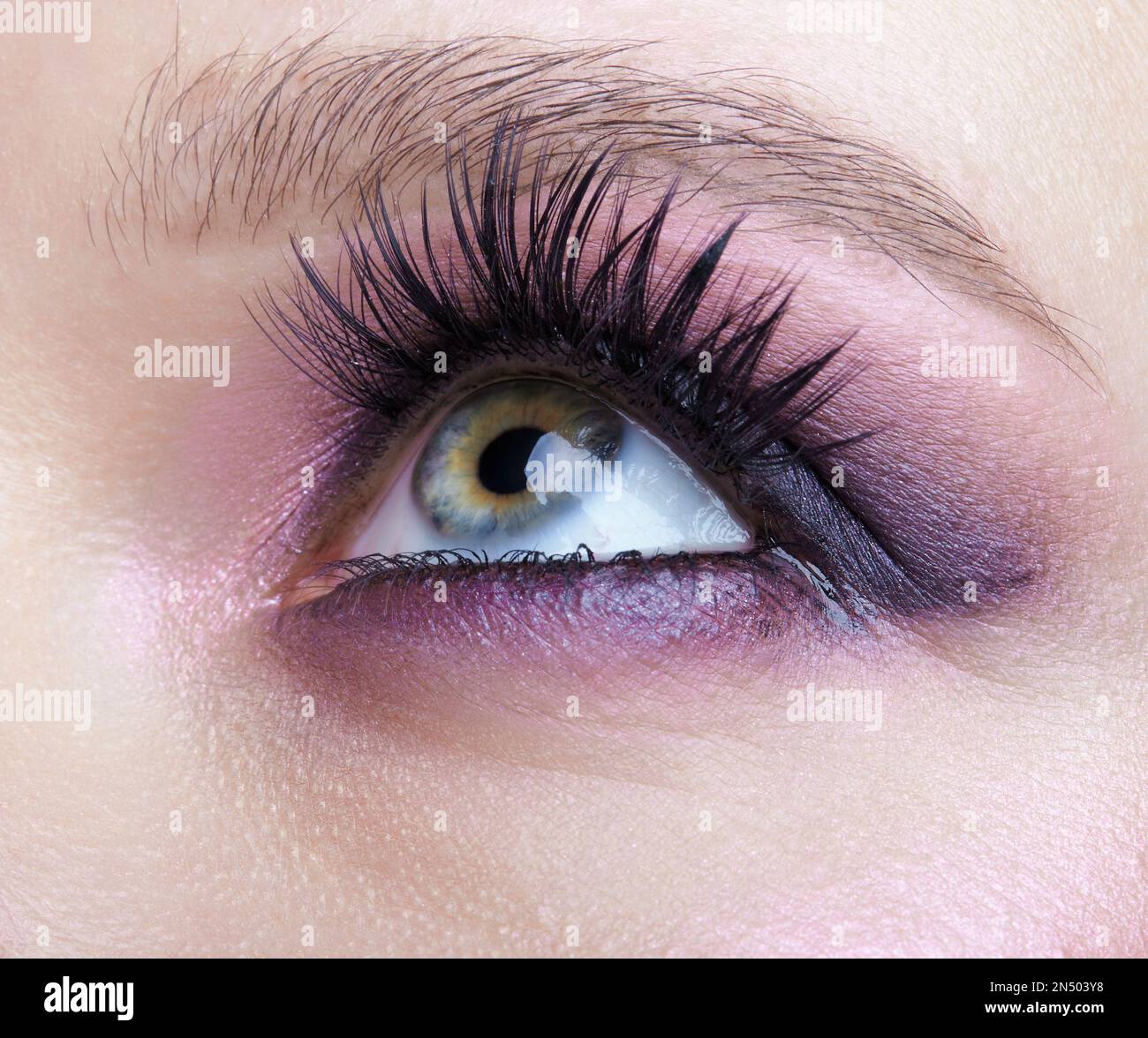 Closeup macro shot of human female eye. Woman with lilac beauty eyes makeup. Girl with perfect skin and purple smoky eyes eye shadows. Stock Photo