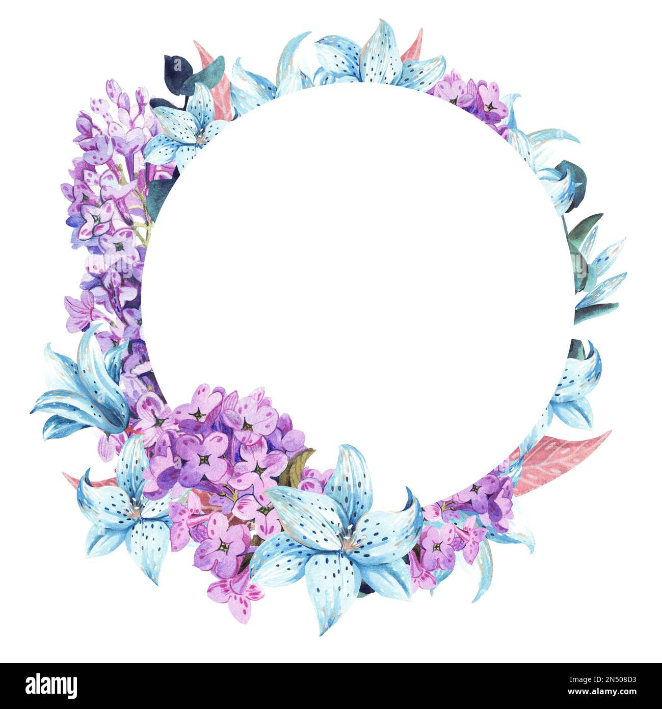 Round frame of spring flowers on a white background. Watercolor