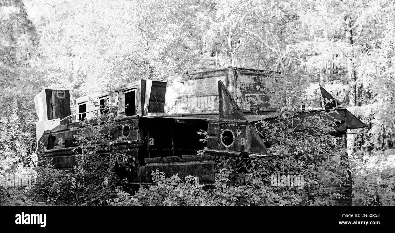 Black and white picture of an abandoned iron ship overgrown with trees in the forest of the taiga of Yakutia. Stock Photo
