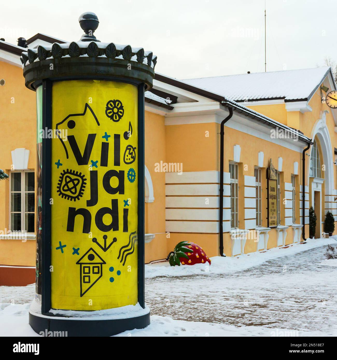 Poster column outside V the Railway station of Viljandi Estonia Stock Photo