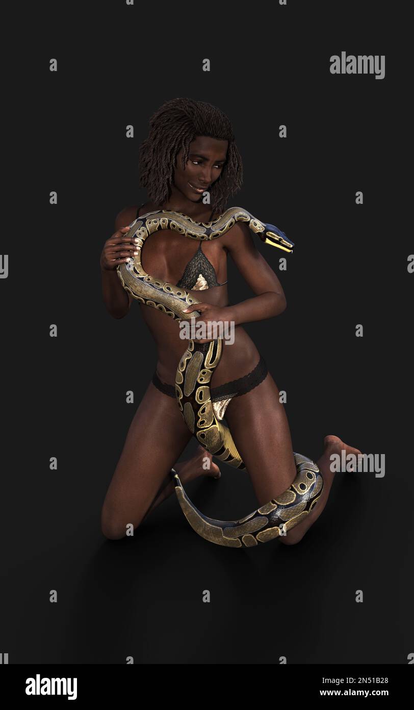 Beautiful Young Woman with Royal Python Snake on Black Background. Exotic tropical cold-blooded reptile animal, Python regius specie Stock Photo