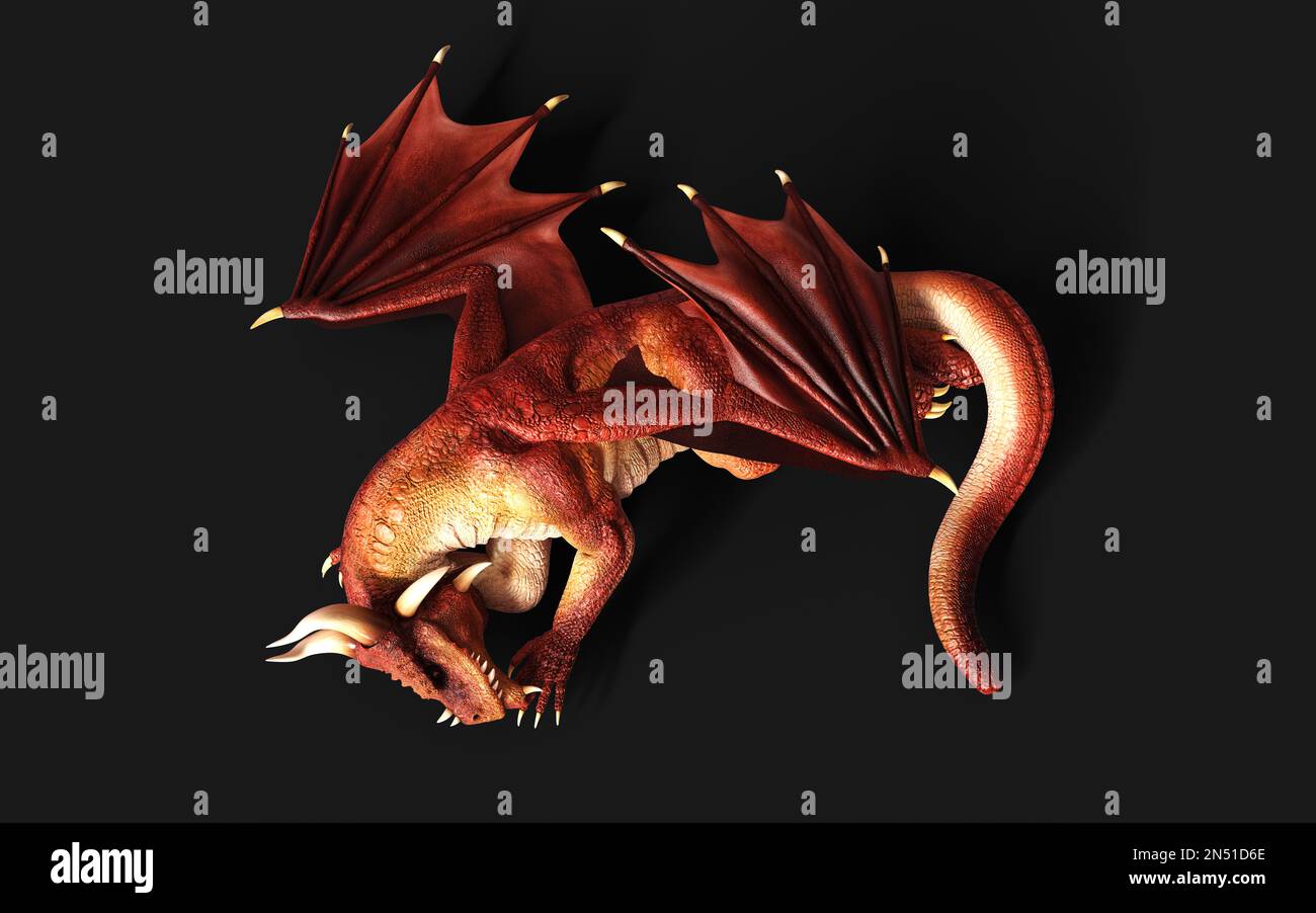 3d illustration of a red fantasy dragon posing isolated on black background with clipping path. Stock Photo