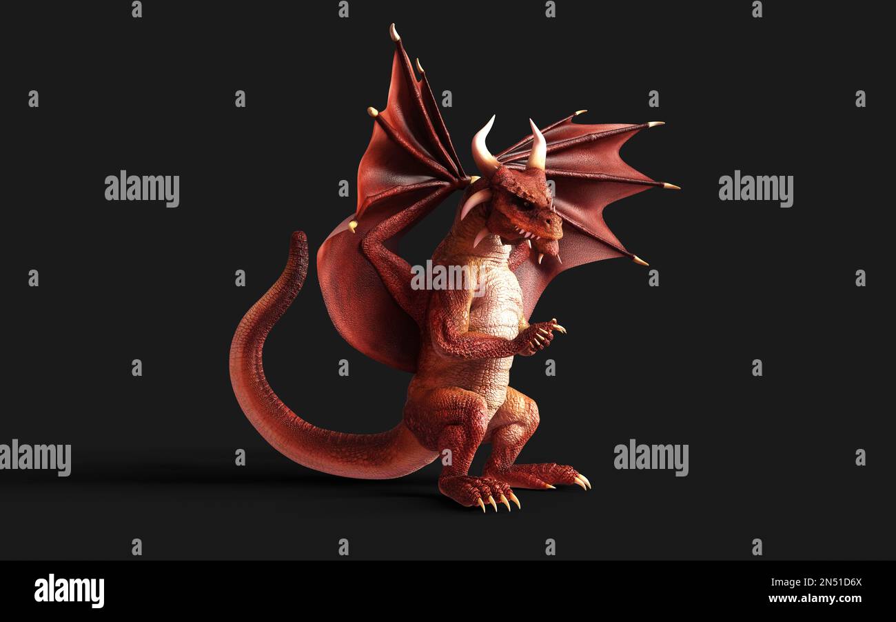 3d illustration of a red fantasy dragon posing isolated on black background with clipping path. Stock Photo