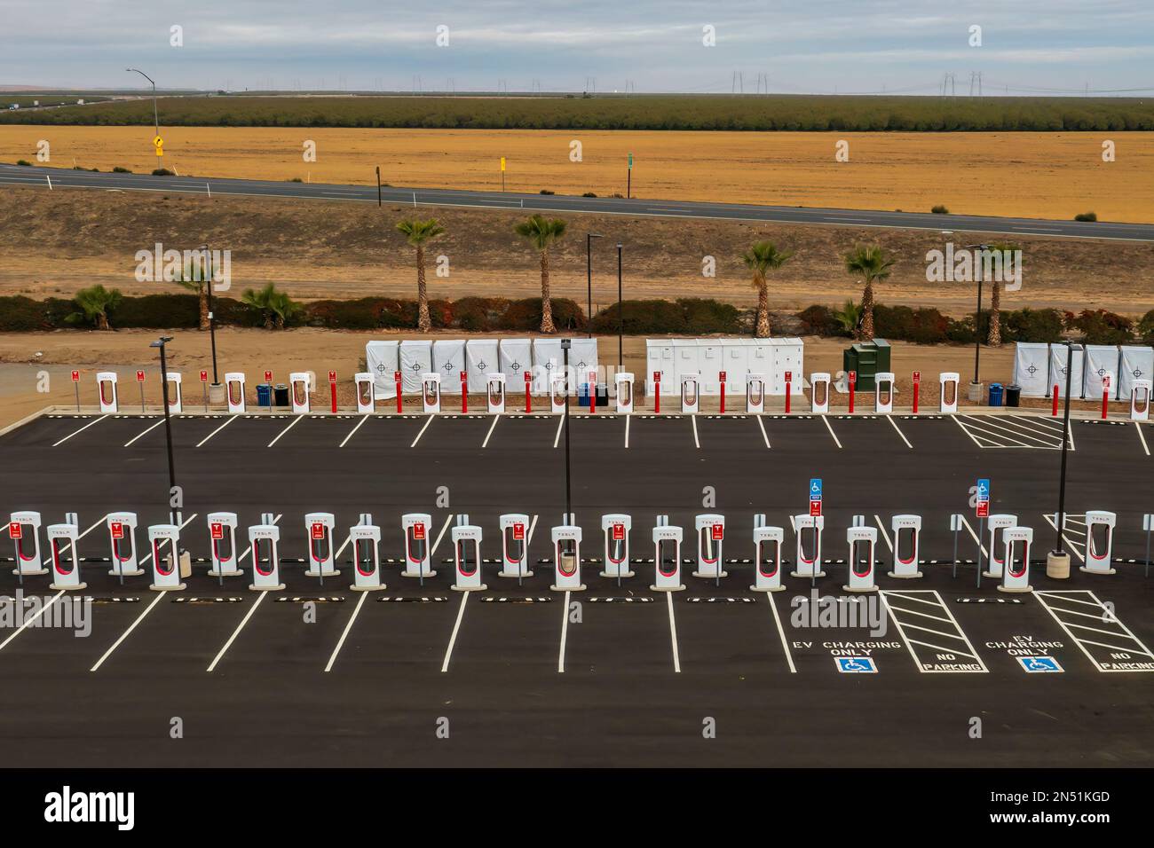 Aerial photo of supercharger Tesla station at the Harris Ranch in
