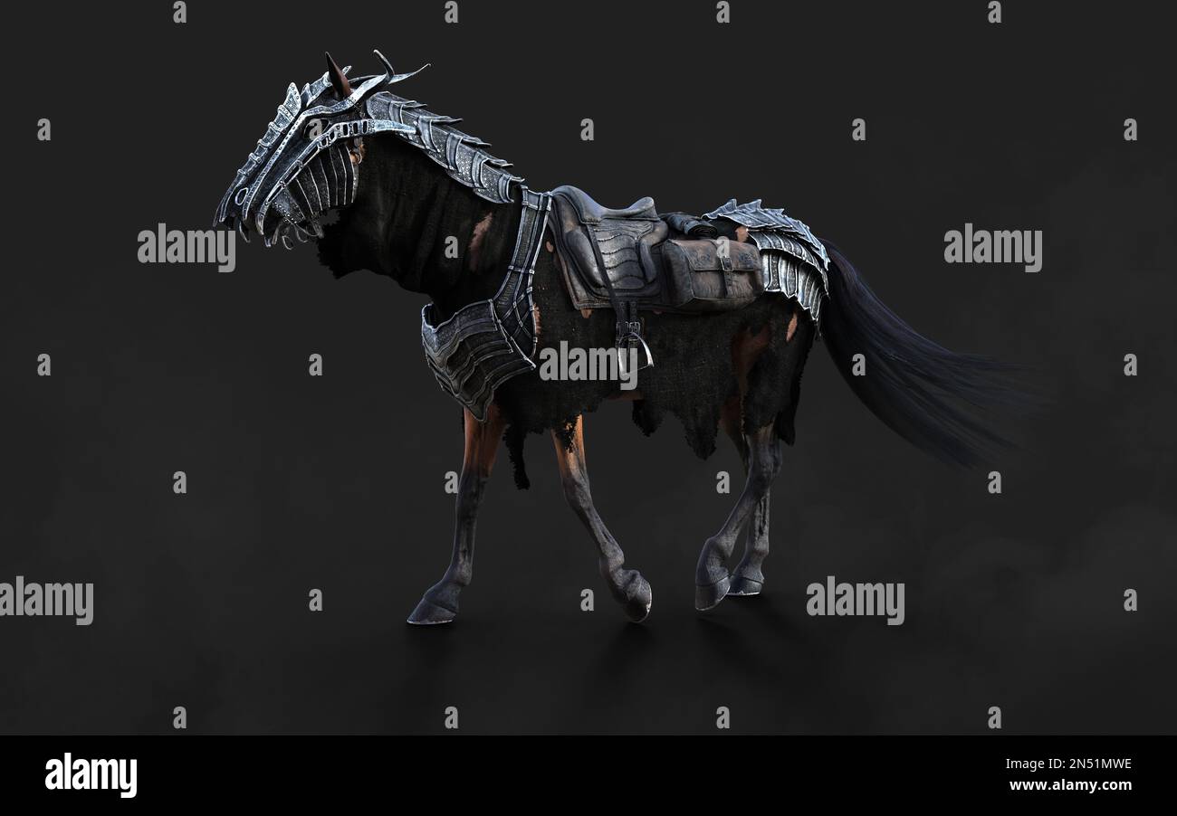 3d Illustration of A creepy armored dark horse pose on black background with clipping path. Stock Photo