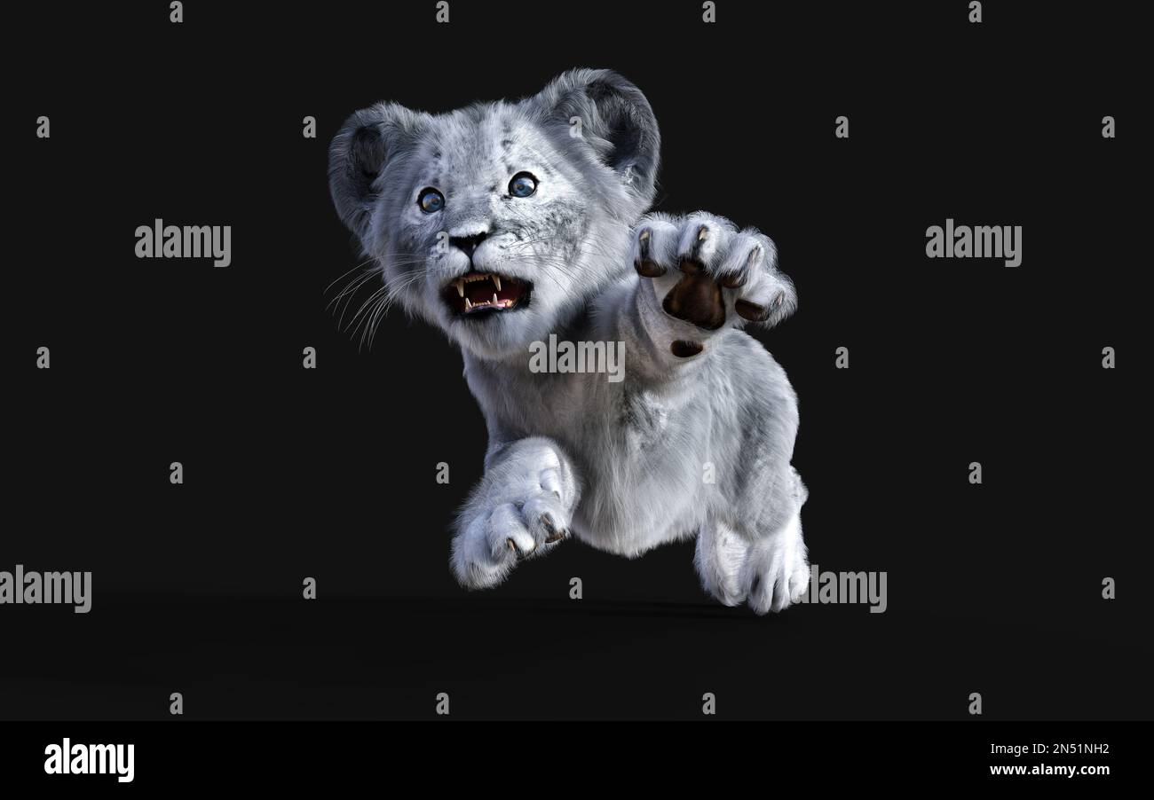 3d Illustration Portrait of White Little Lion Cub Isolated on Dark Background. Stock Photo