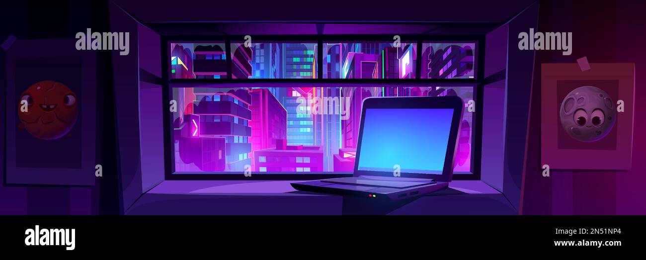 Laptop on window with night city view. Vector cartoon illustration of teenagers workspace, computer with blank screen on windowsill in dark bedroom. Futuristic cityscape illuminated with neon lights Stock Vector