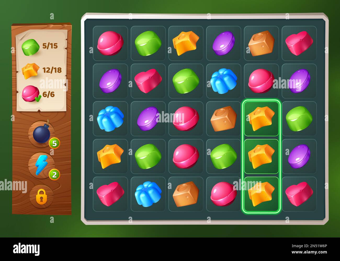 Match 3 candy game ui interface background. Vector jelly puzzle mobile app  design. Set of food icon on screen with score field. Cartoon gameplay  assets with bonus and booster button Stock Vector