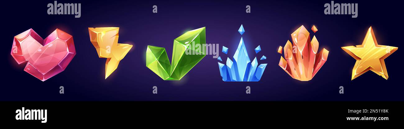 Game gem stone in shape of crown, star, heart and lightning. Magic jewel crystal or diamond icon, sapphire, ruby and emerald treasure. Fantasy cartoon gui trophy with texture, isolated set Stock Vector
