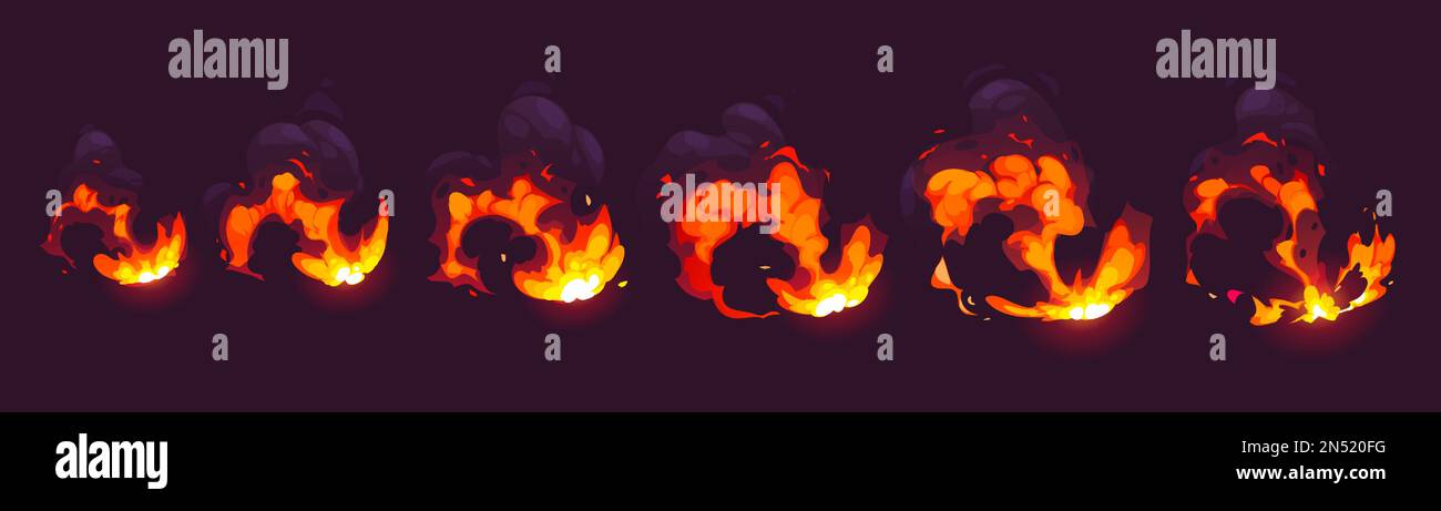 Explosion fire animation set on black background. Vector cartoon illustration of flame burning with cloud of smoke. Bomb blast, war attack, accident crash, manmade disaster effect. Sprite sheet Stock Vector