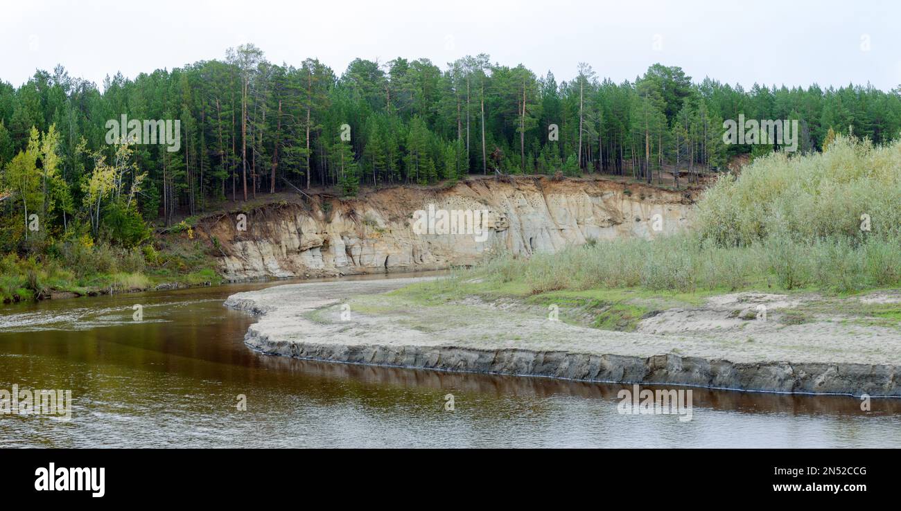 Erosion corrosion of the sandy round shore of a small Northern Yakut river in the wild Northern tundra in a picturesque spruce forest. Stock Photo