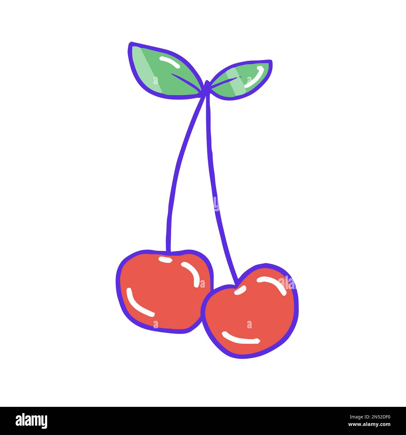 Hand drawn aesthetic cute shiny cherry, two cherries with leaves Stock