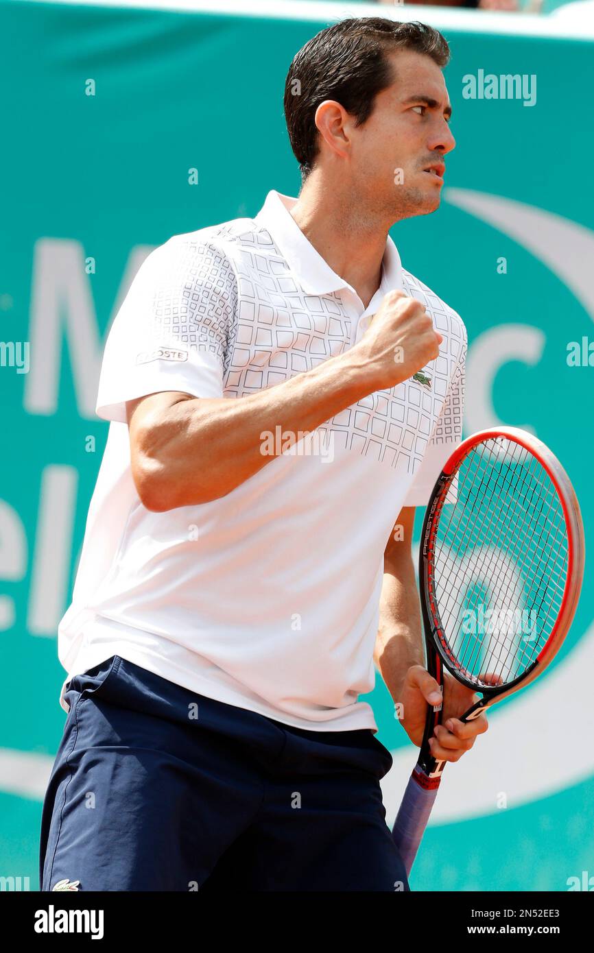 Guillermo Garcia-Lopez of Spain celebrates a point after serving against Spains Marcel Granollers, in the final of the Grand Prix Hassan II tennis tournament in Casablanca, Morocco, Sunday, April 13, 2014