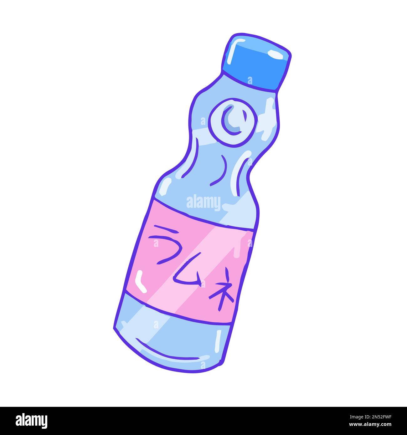 Hand drawn aesthetic cute ramune bottle, Japanese blue soda water Stock