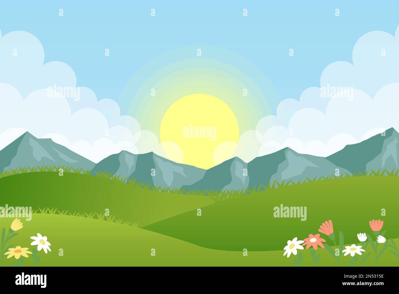 gradient spring landscape with flowers and mountain background Stock Vector