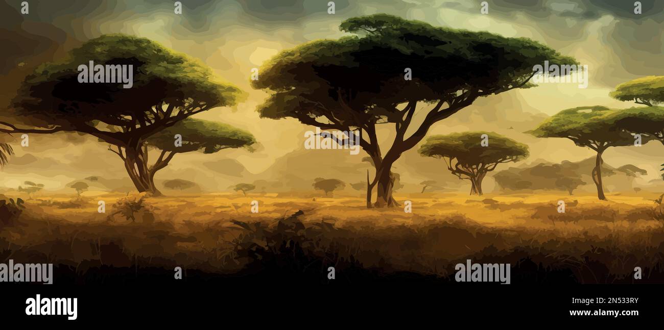 African savanna. Grass, acacia trees and river. Realistic vector