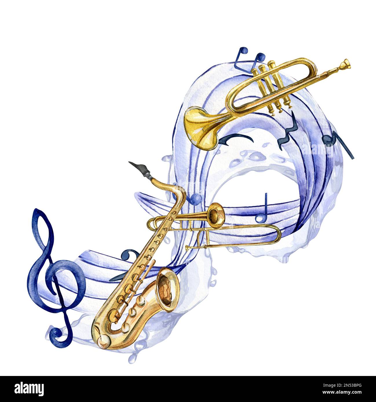 Musical symbols and wind musical instrument watercolor illustration  isolated on white. Trumpet, saxophone woodwind instrument hand drawn.  Element for Stock Photo - Alamy