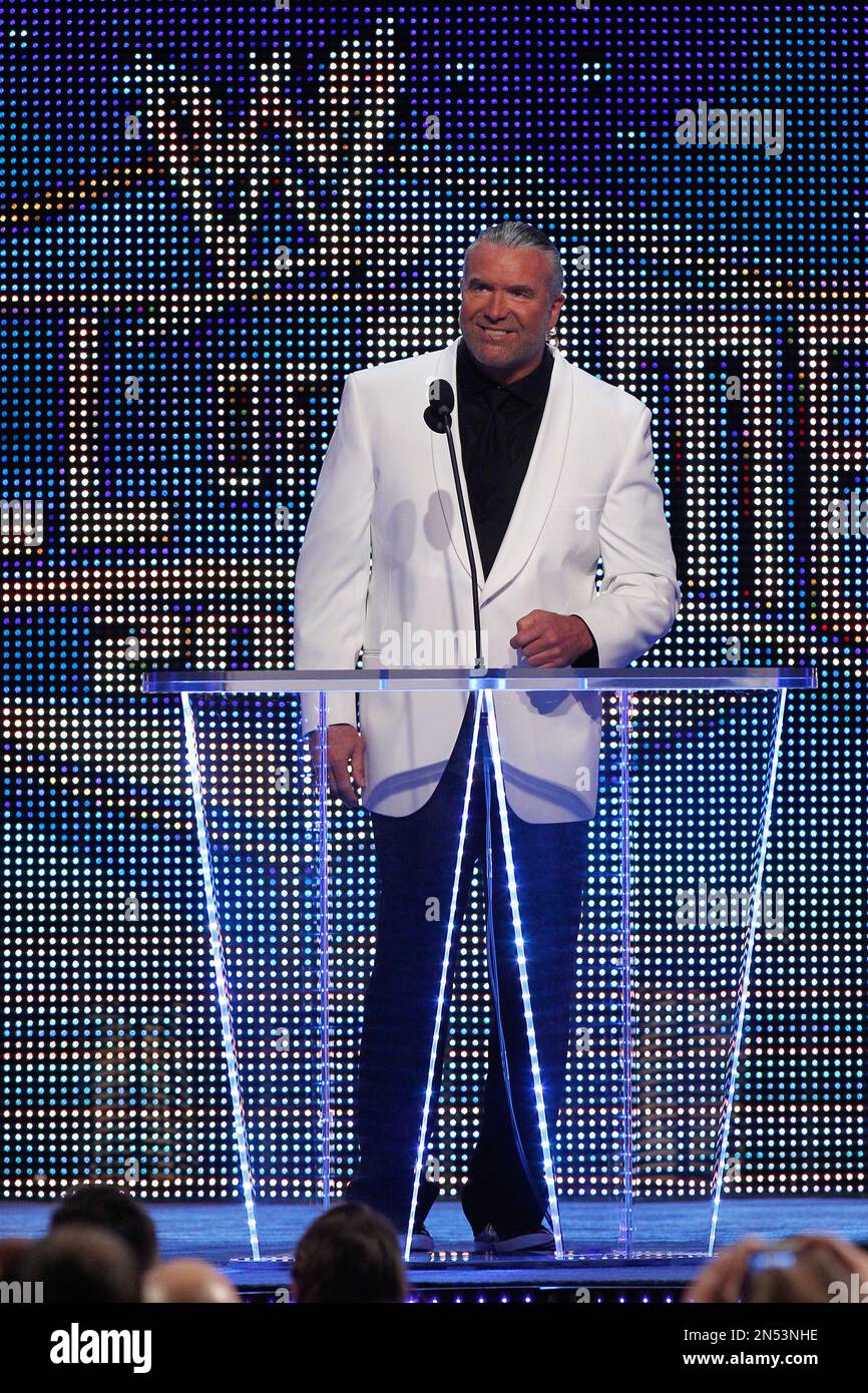 Scott Hall aka Razor Ramon speaks during the WWE Hall of Fame Induction at  the Smoothie King Center in New Orleans on Saturday, April 5, 2014.  (Jonathan Bachman/AP Images for WWE Stock, image size:866x1390