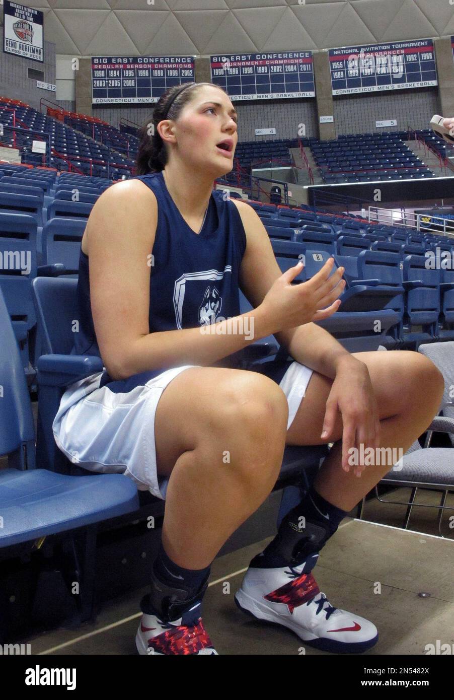 Connecticut forward Stefanie Dolson answers a reporter's question