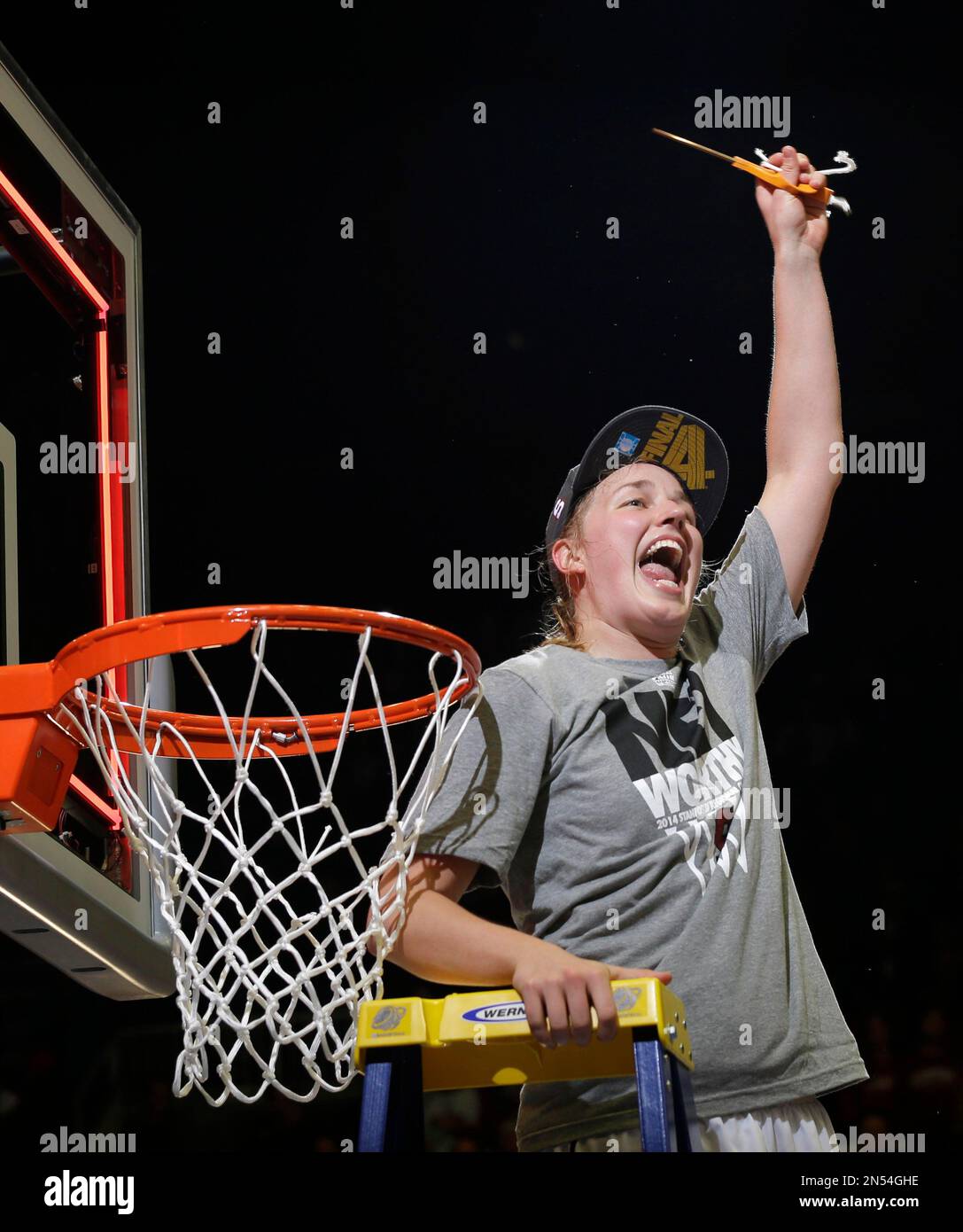 Stanford forward Mikaela Ruef celebrates as she cuts down part of the ...