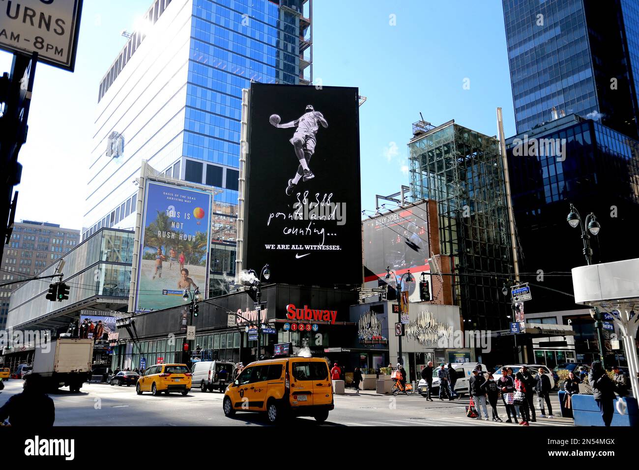 Basketball superstar LeBron James on Nike advertising billboard in Times Square, New York, NY on February 8, 2023. Yesterday, Lakers player breaks NBA score record of Kareem Abdul-Jabbar with 38, 388 points. Photo by Charles Guerin/ABACAPRESS.COM Stock Photo