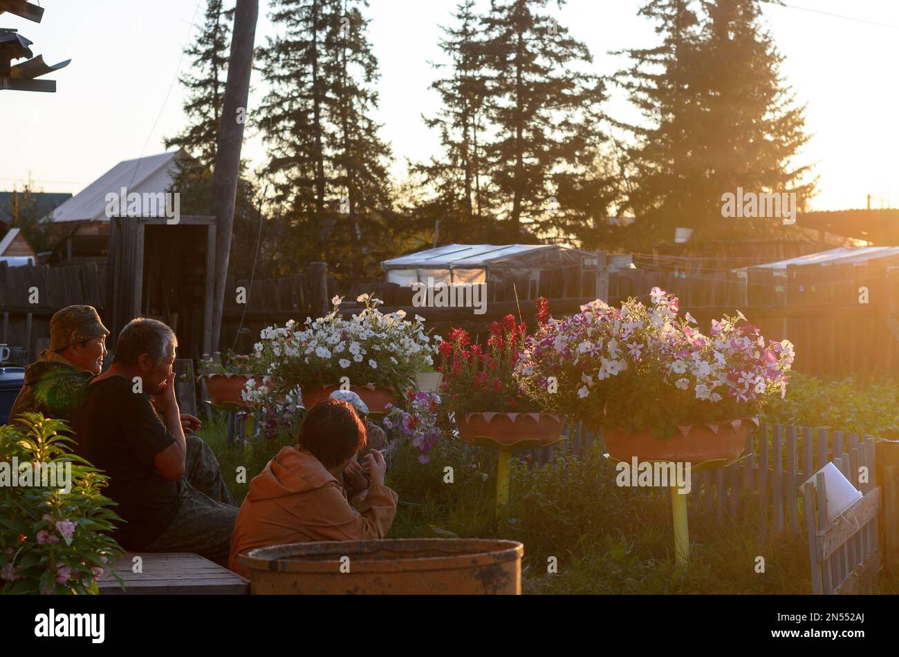 Yakut Asians two men and a woman with a cigarette sitting on the ladder at the house in the garden among the flowerbeds with tsevtami at sunset. Stock Photo
