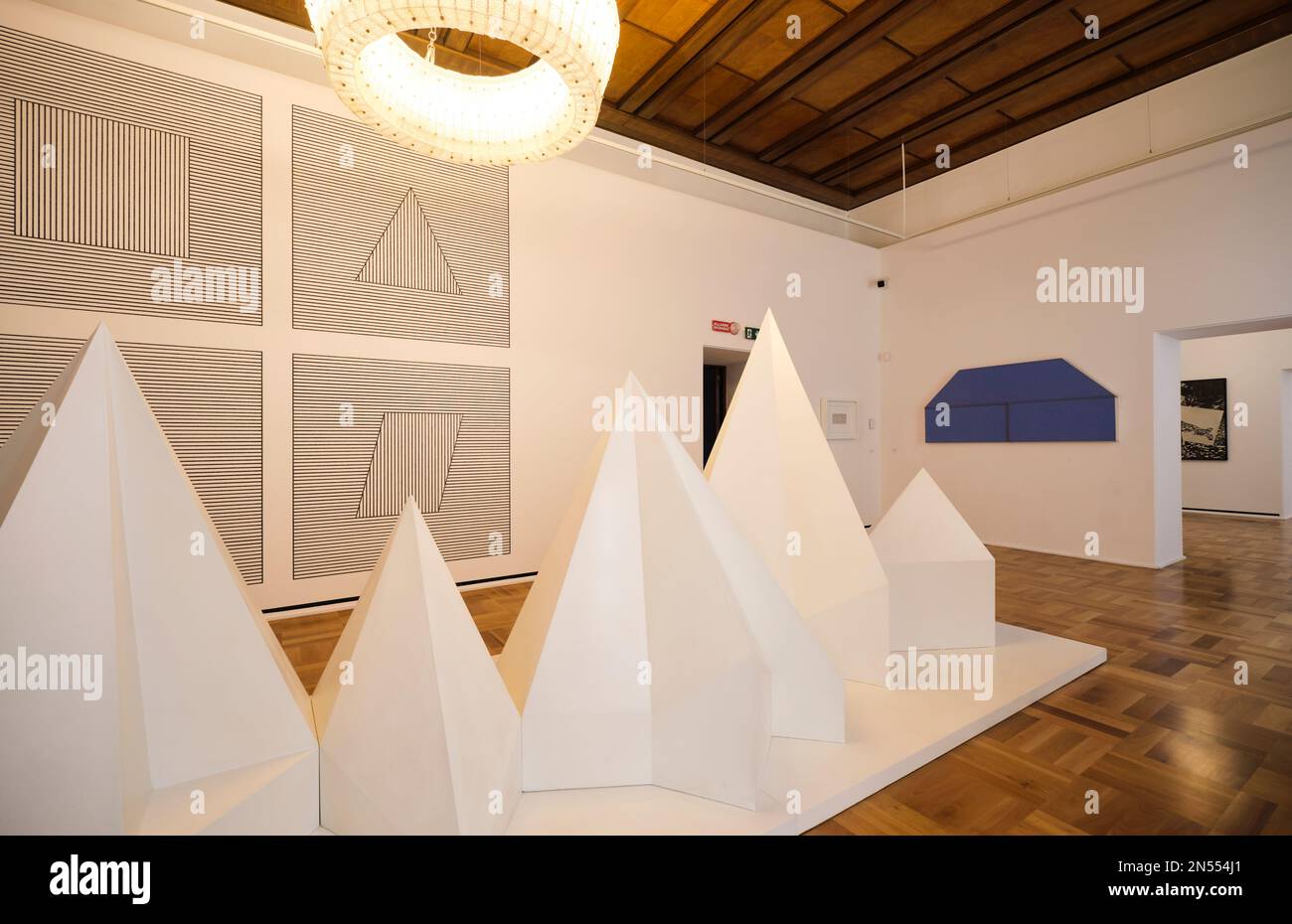 A gallery displaying modern, contemporary art and sculpture. At the