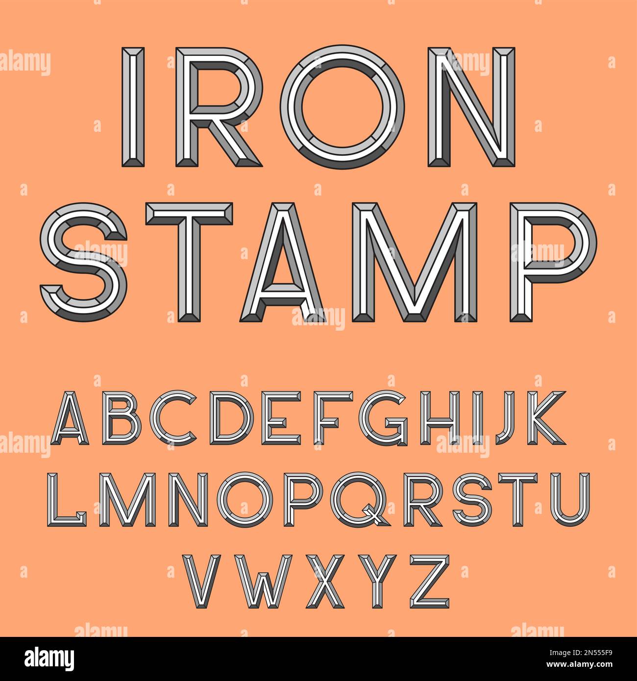 Metal stamp font retro vector illustration. Set of unique decorative 3D type, capital calligraphic alphabet, typography letterpress isolated on background. Latin retro type Stock Vector