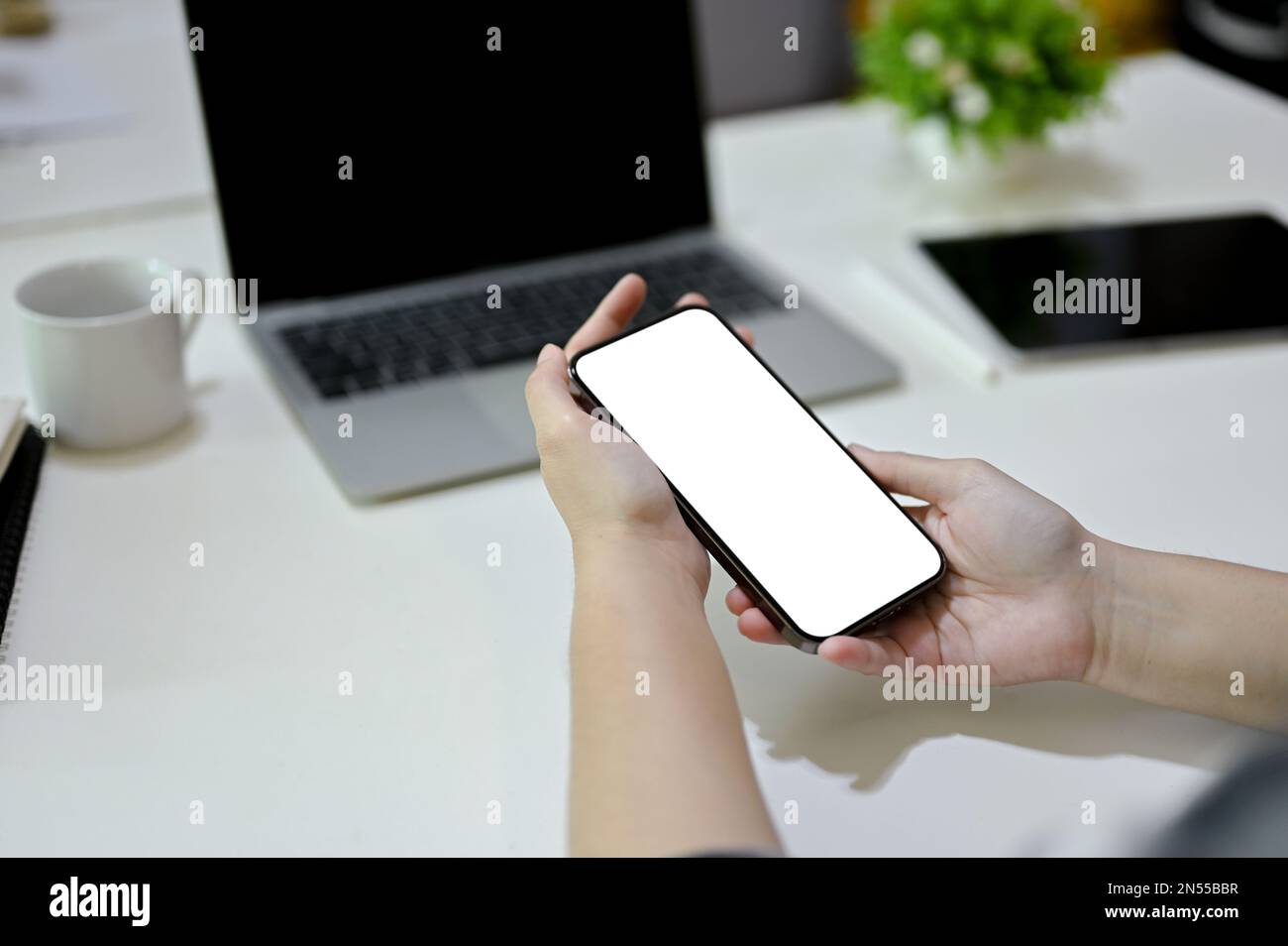 A female office worker using her smartphone at her desk, chatting with her friends, ordering food on delivery app, using mobile application. phone whi Stock Photo