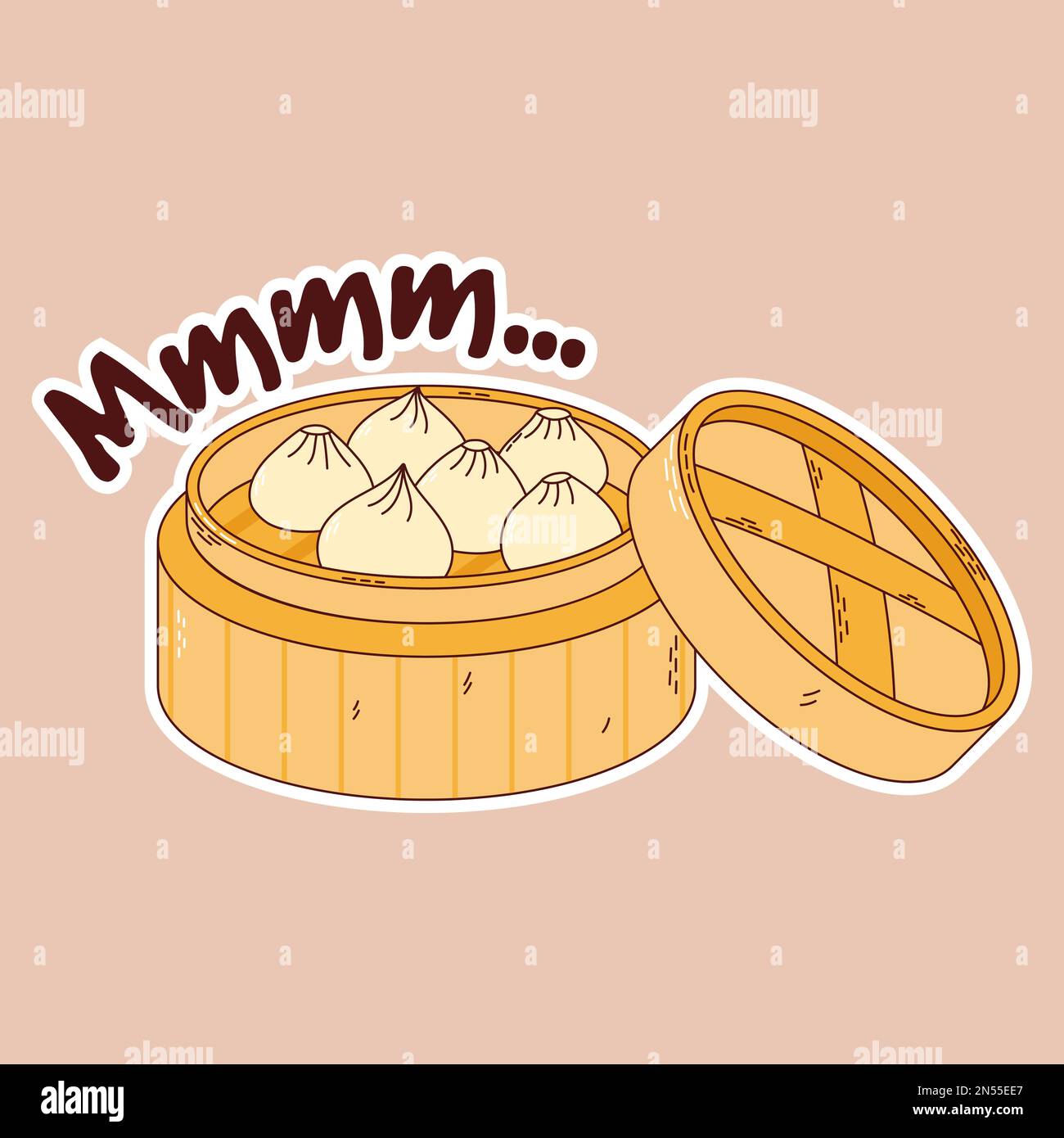 Traditional Japanese food. Asian dumplings in bamboo steamer basket stickers. Vector