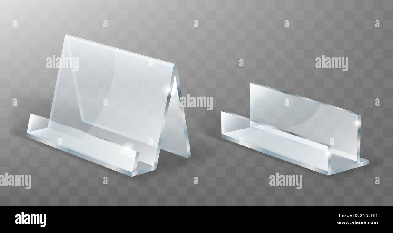 Acrylic nameplate holder, glass or plastic display stand for menu or cards, realistic vector illustration. Set of transparent table holders or tent for price isolated on transparent background. Stock Vector