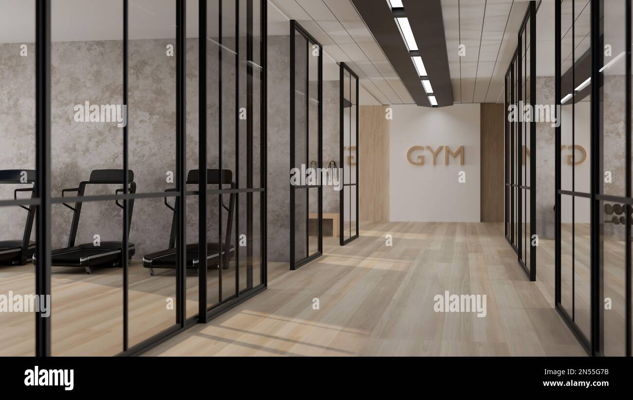 Interior design of a modern contemporary fitness gym corridor with separate  rooms. Modern sport club interior design with professional sport equipment  Stock Photo - Alamy