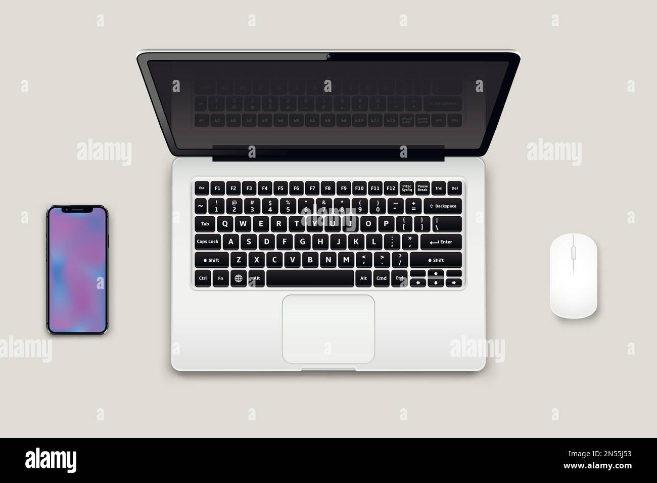 Top view of laptop computer with open screen monitor, mouse and smart ...