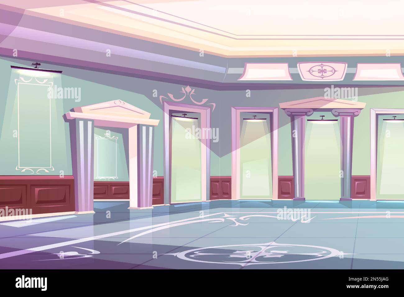 Elegant ballroom in palace, cartoon vector background. Empty classic interior of museum gallery with luminous lamps in wall niches, glossy floor and open doorway to another room Stock Vector