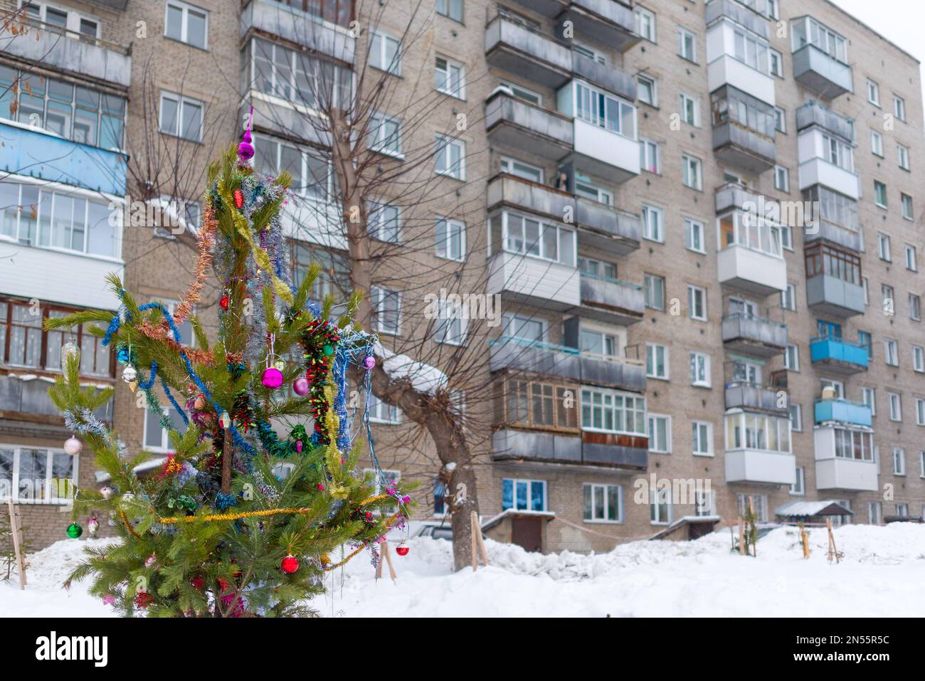 A Christmas tree stands decorated with garlands and tinsel in a ...